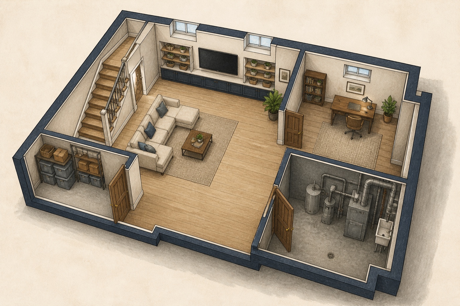 Illustrative basement plan showing a family room, quiet flex room, storage, stairs, windows, and a clear walking path.